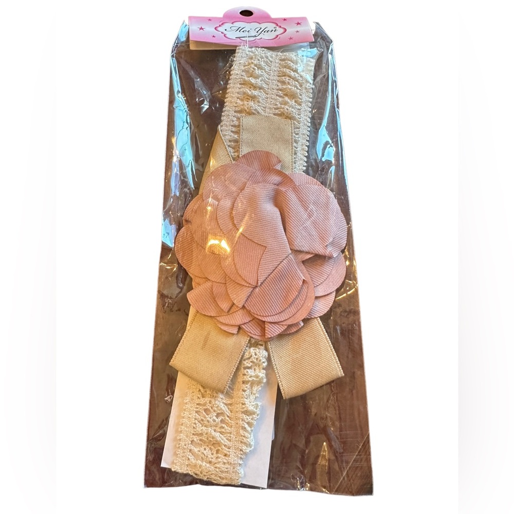 Lace Headband with Tan Tie and Pink Flower - Picture 6 of 7